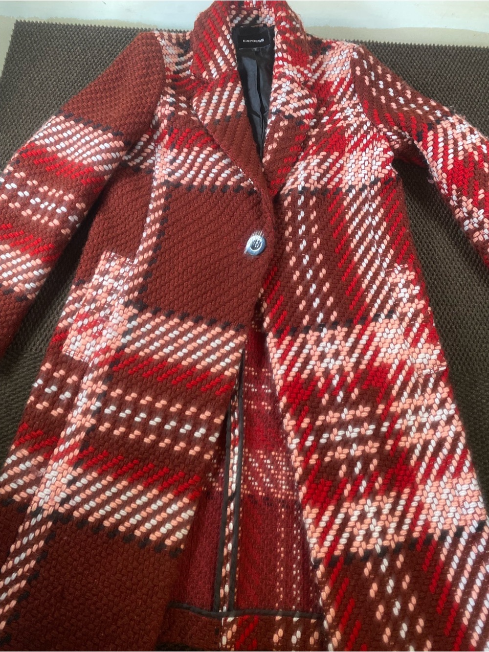 Express Plaid Knit Pea Coat in Red and Brown